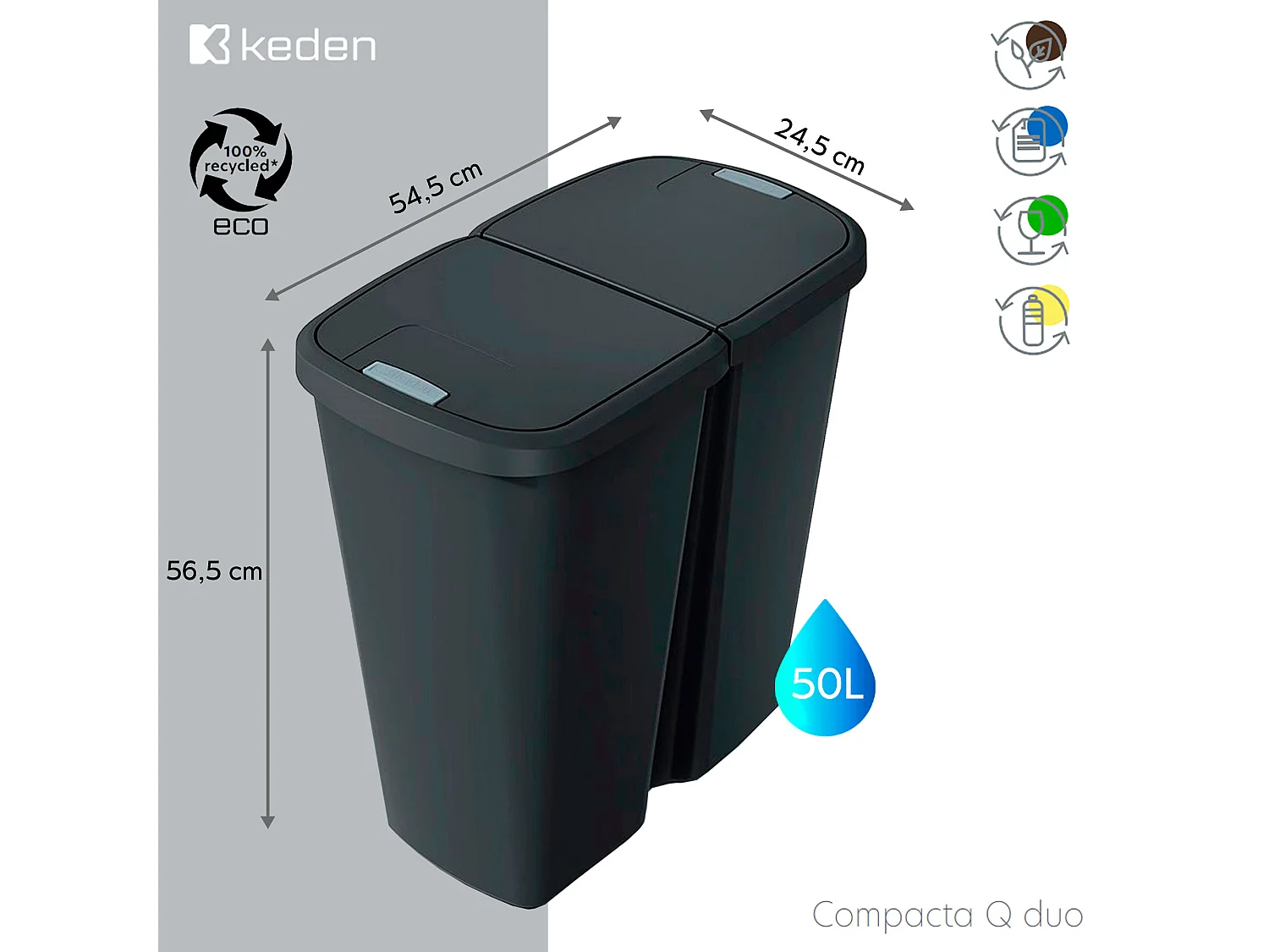 poubelle avec 2 coloris de couvercles indépendantes Keden noire de 50L. 54x24x56