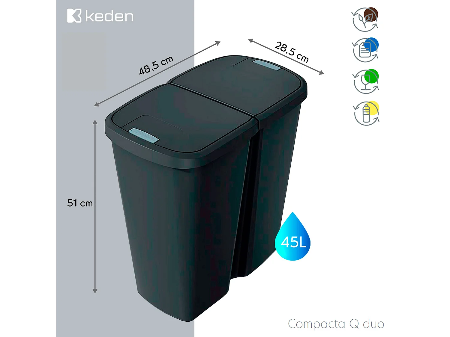 poubelle avec 2 couvercles indépendantes de 45L Keden 48x28x51