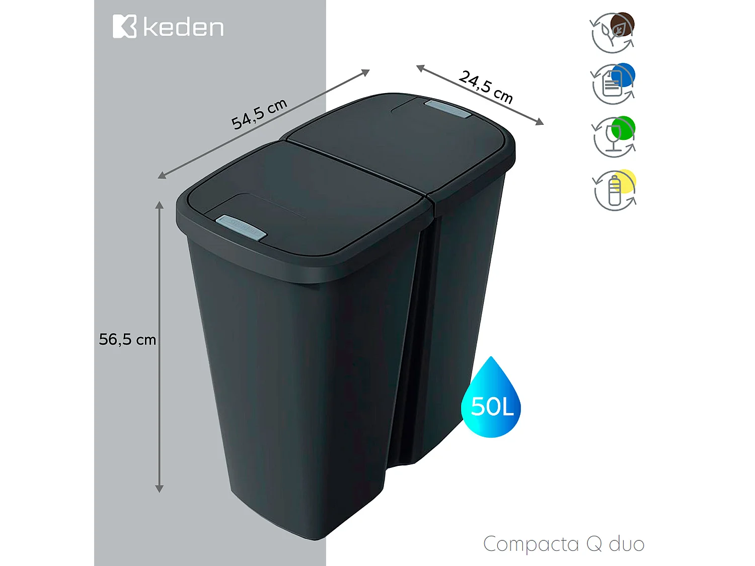 poubelle avec 2 couvercles indépendantes de 50L Keden 54x24x56