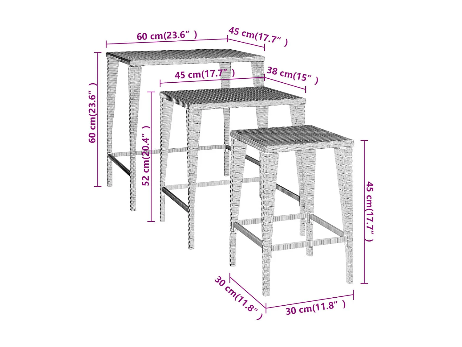 Tafeltjesset 3 st poly rattan zwart