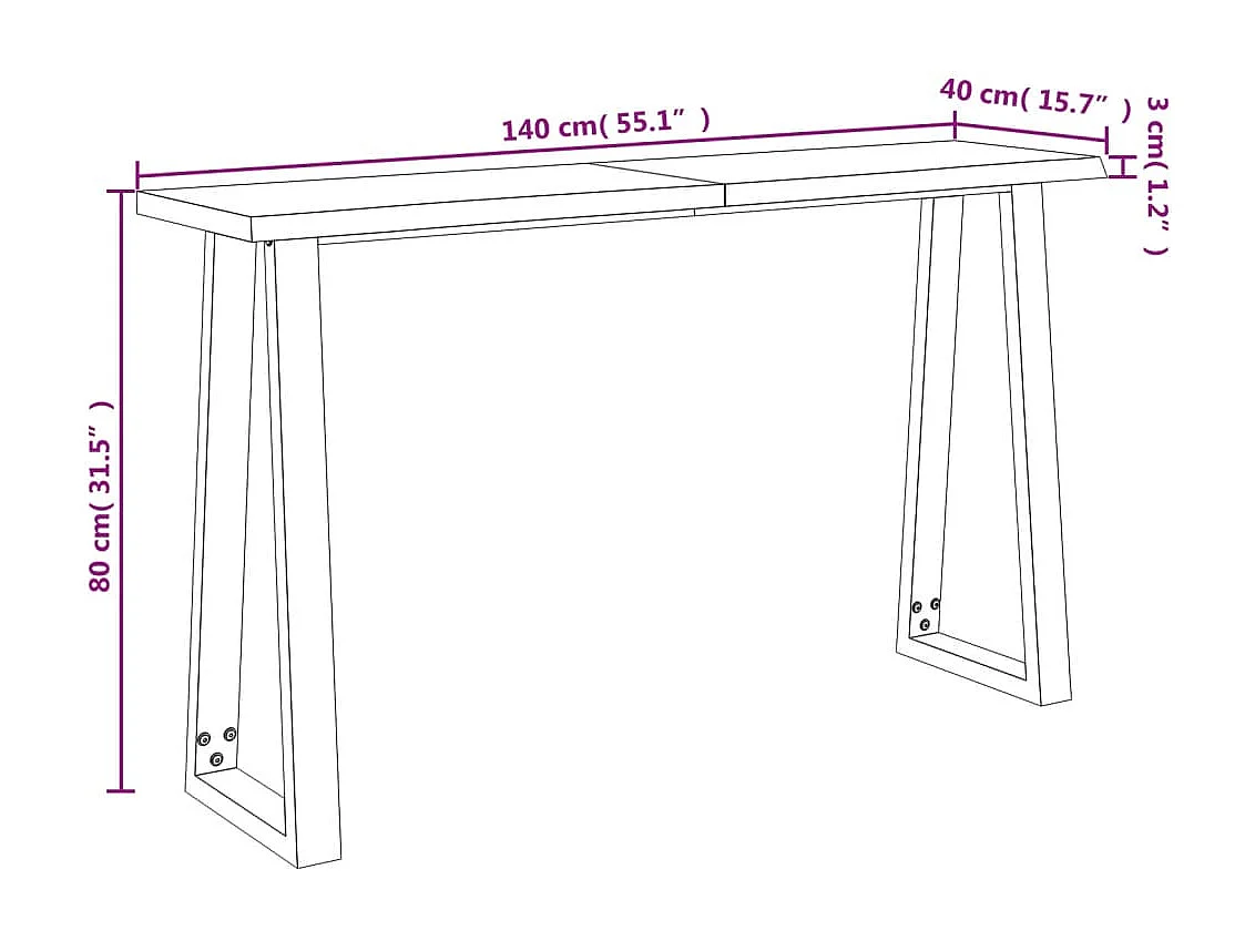 Mesa consola con borde vivo madera maciza acacia 140x40x80 cm