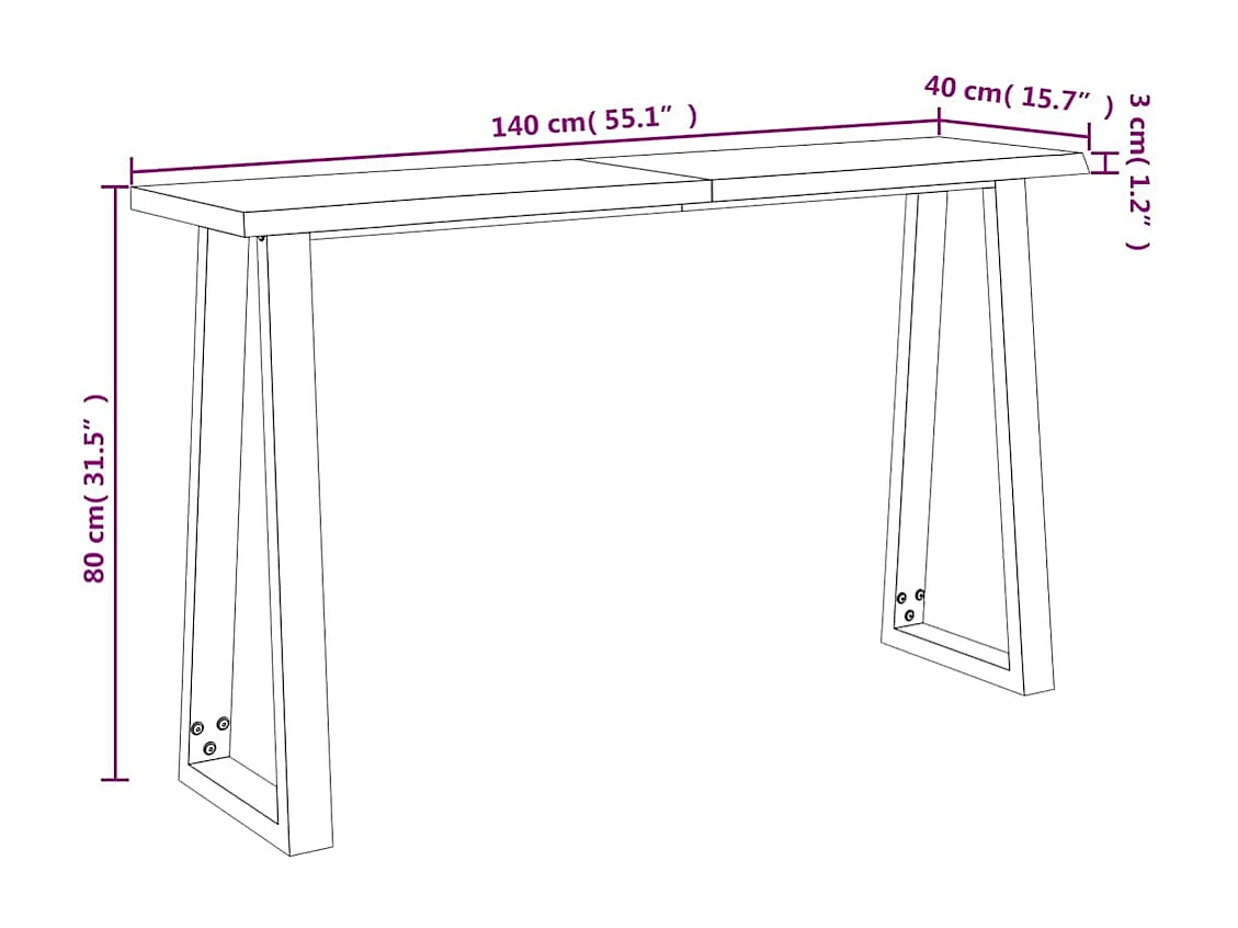 Konsolentisch Baumkante 140x40x80 cm Massivholz Akazie