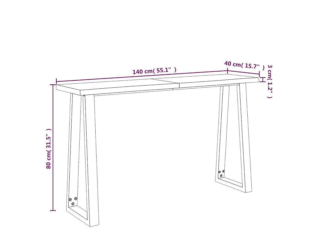 Wandtafel met natuurlijke rand 140x40x80 cm massief acaciahout