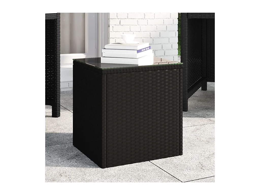 Table d'appoint noir 40x37x40,5 cm poly rotin et verre trempé