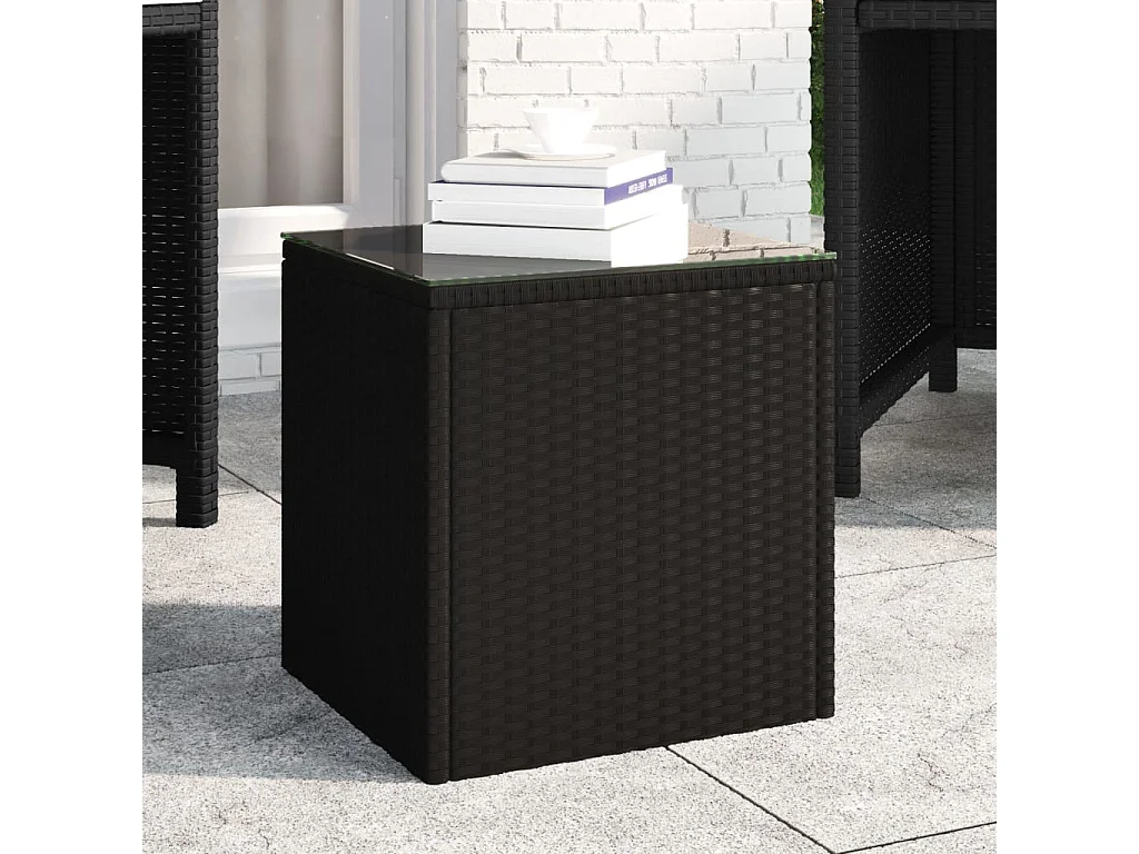 Table d'appoint noir 40x37x40,5 cm poly rotin et verre trempé