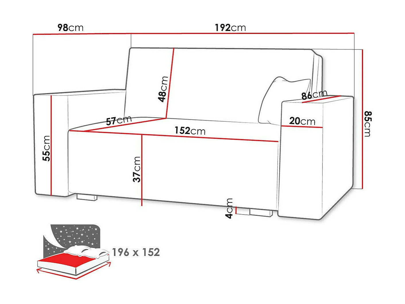 Sofá-cama Columbus 197, Cama com arrumação, 9x19x10cm