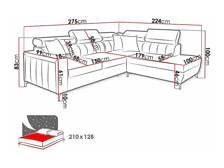 Divano angolare Sarasota 147, Grigio, Con, 275x224x83cm