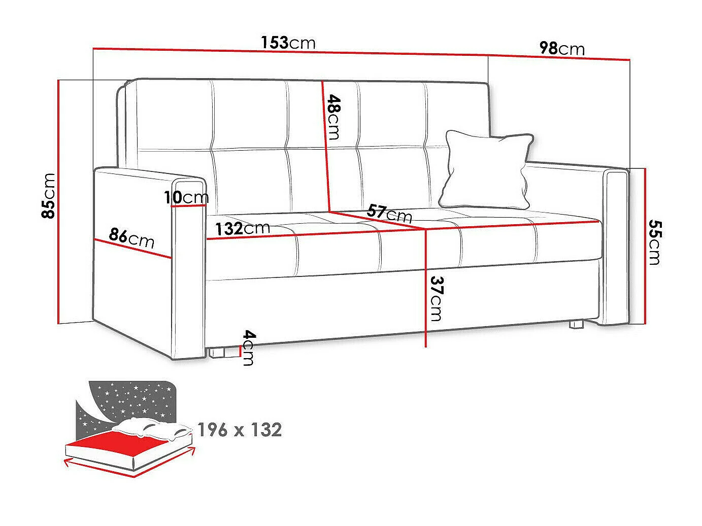 Canapé convertible 2 places en tissu rouge COLUMBUS 85x153x98 cm
