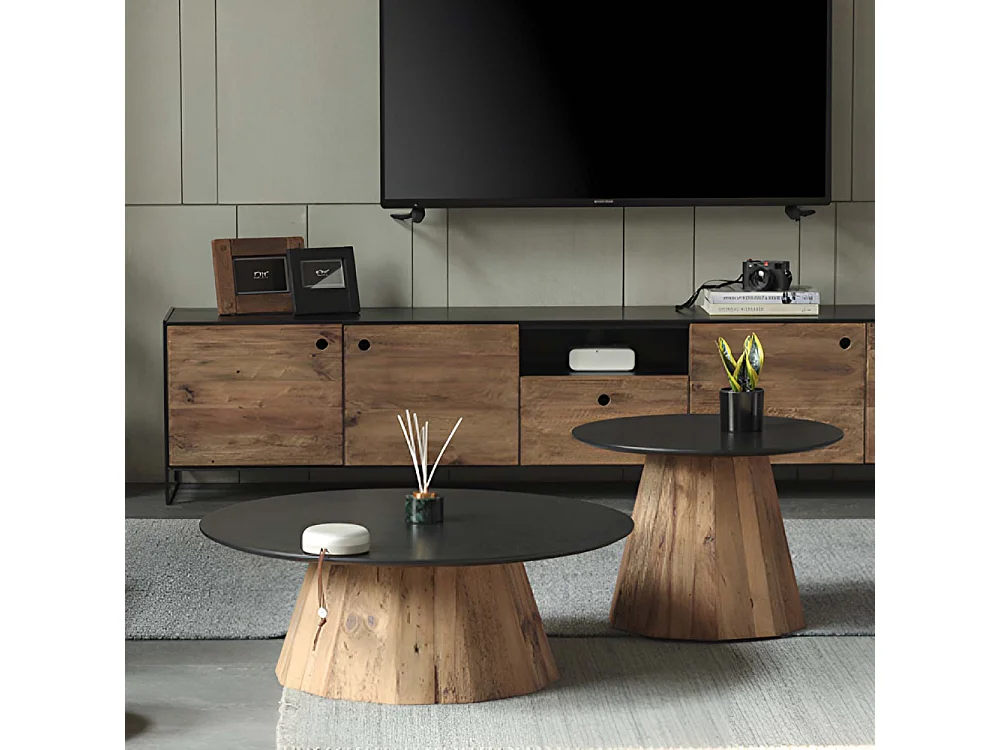 Table basse en pin recyclé naturel et noir REWOOD Grand modèle