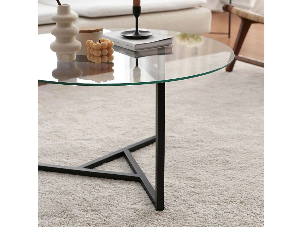 Mesa de café Kailua 1422, Nogal, 42cm, Diámetro: 75, Vidrio templado, Redonda