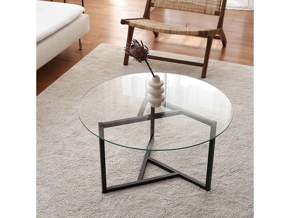 Mesa de café Kailua 1422, Nogal, 42cm, Diámetro: 75, Vidrio templado, Redonda