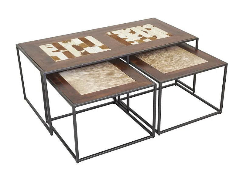 Ensemble 3 tables en bois, métal et peau de vache