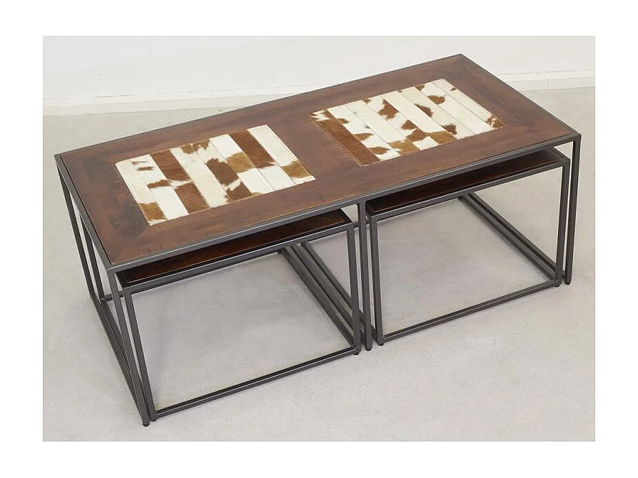 Ensemble 3 tables en bois, métal et peau de vache