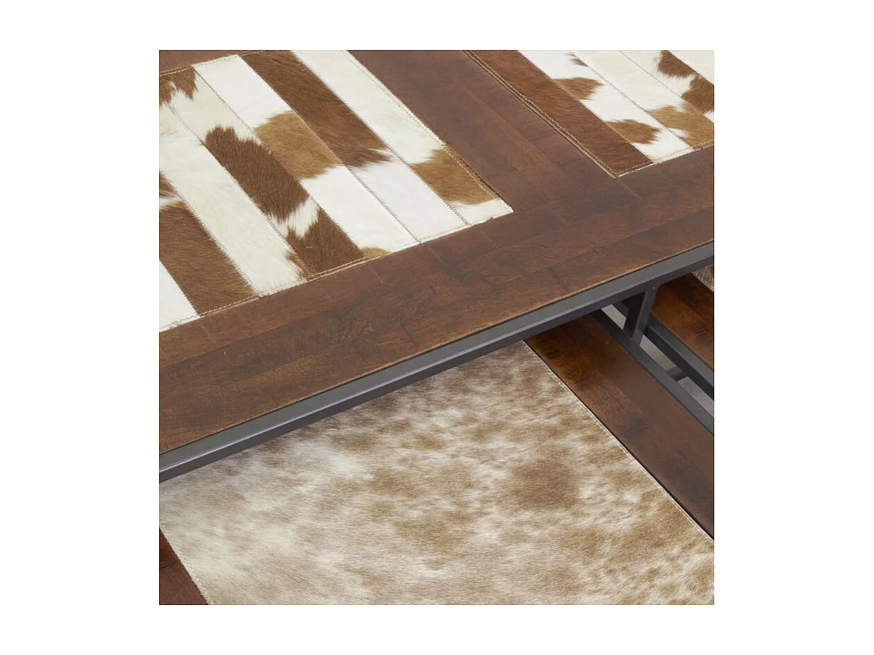 Ensemble 3 tables en bois, métal et peau de vache