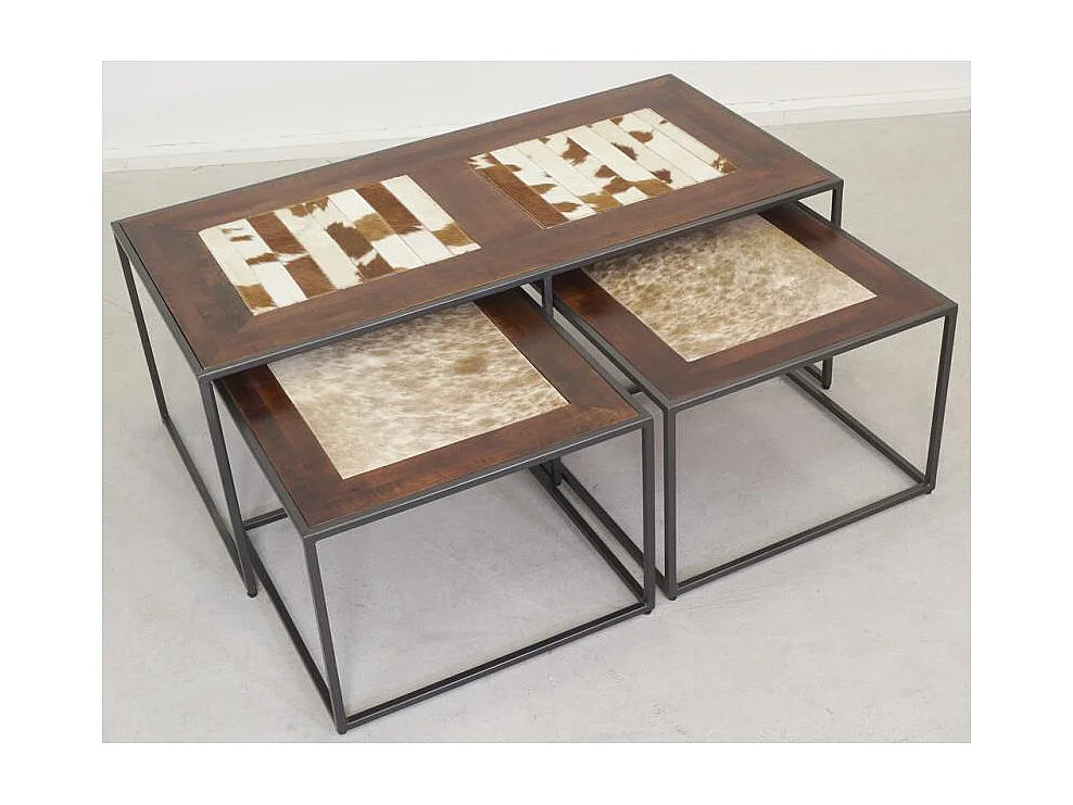 Ensemble 3 tables en bois, métal et peau de vache