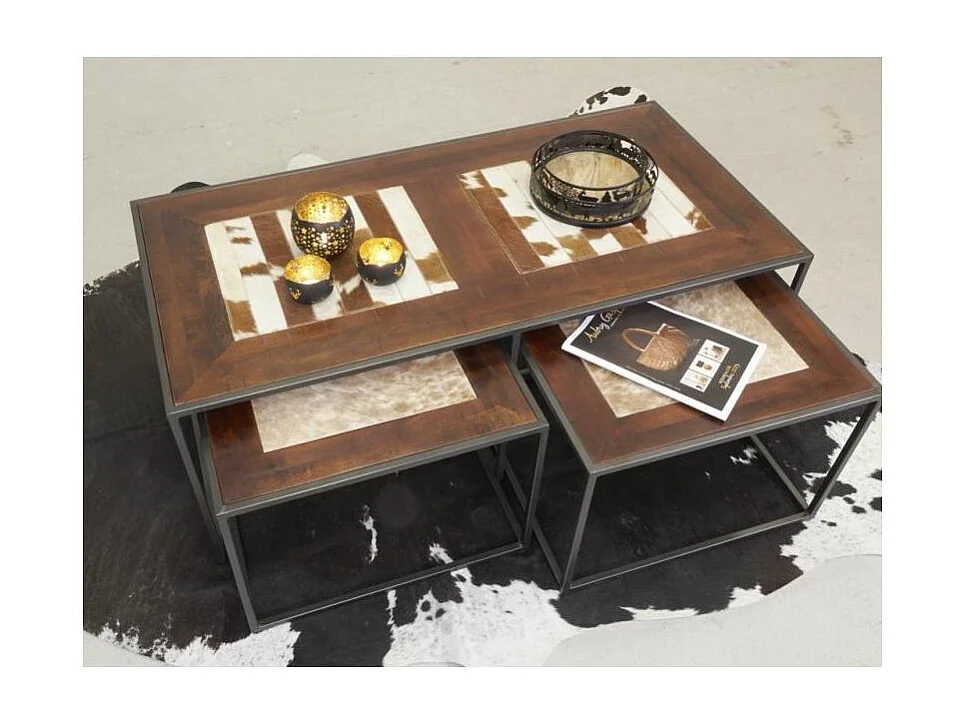 Ensemble 3 tables en bois, métal et peau de vache