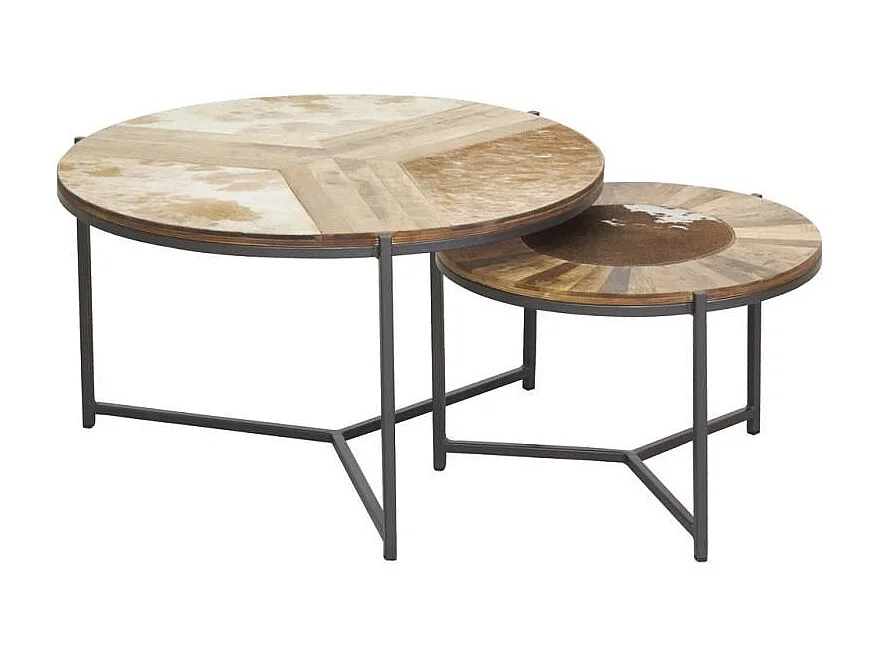 Tables rondes en bois, métal et peau de vache (lot de 2)