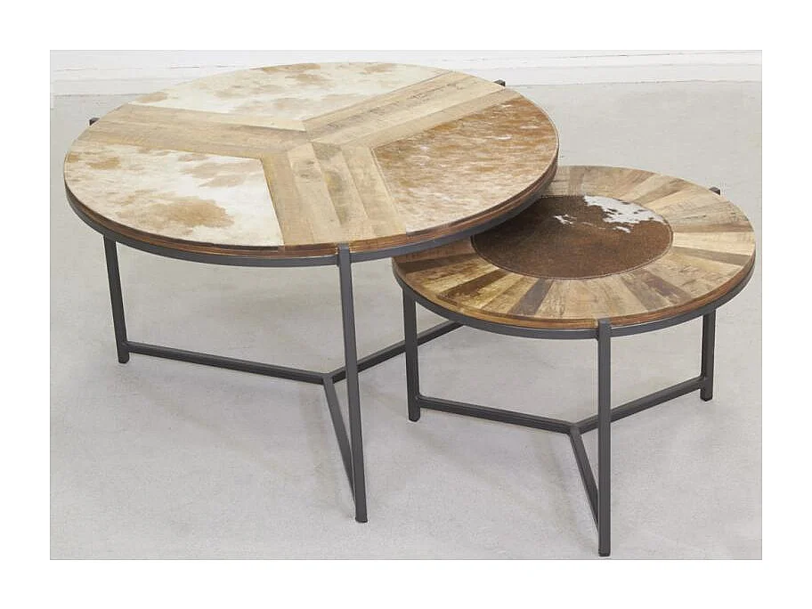 Tables rondes en bois, métal et peau de vache (lot de 2)