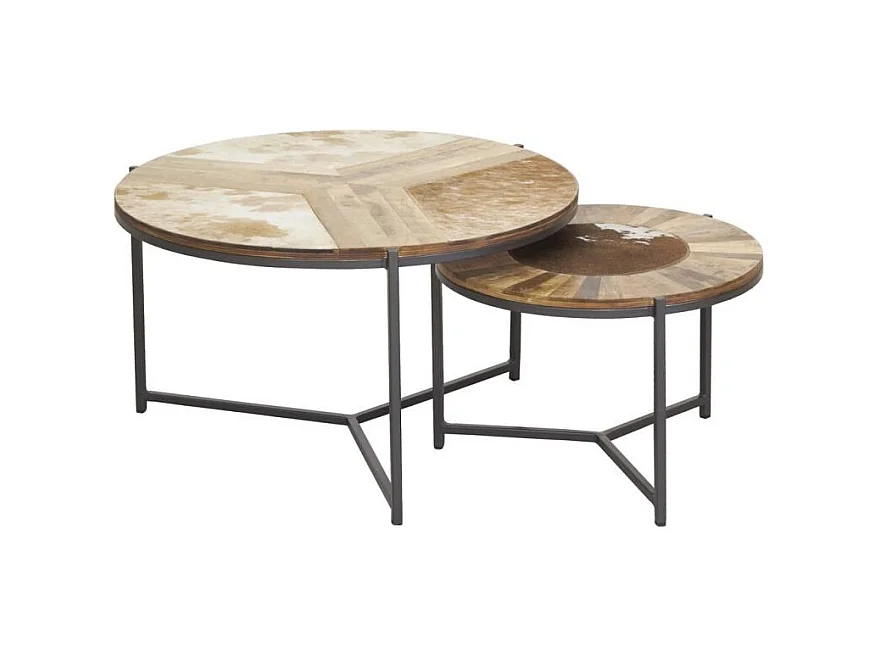 Tables rondes en bois, métal et peau de vache (lot de 2)
