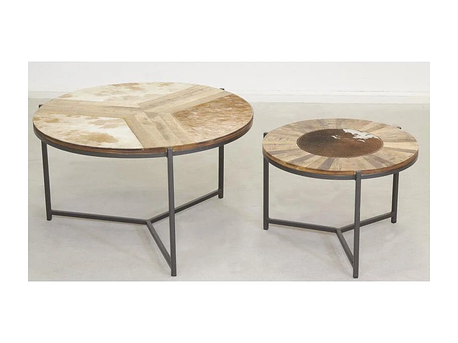 Tables rondes en bois, métal et peau de vache (lot de 2)