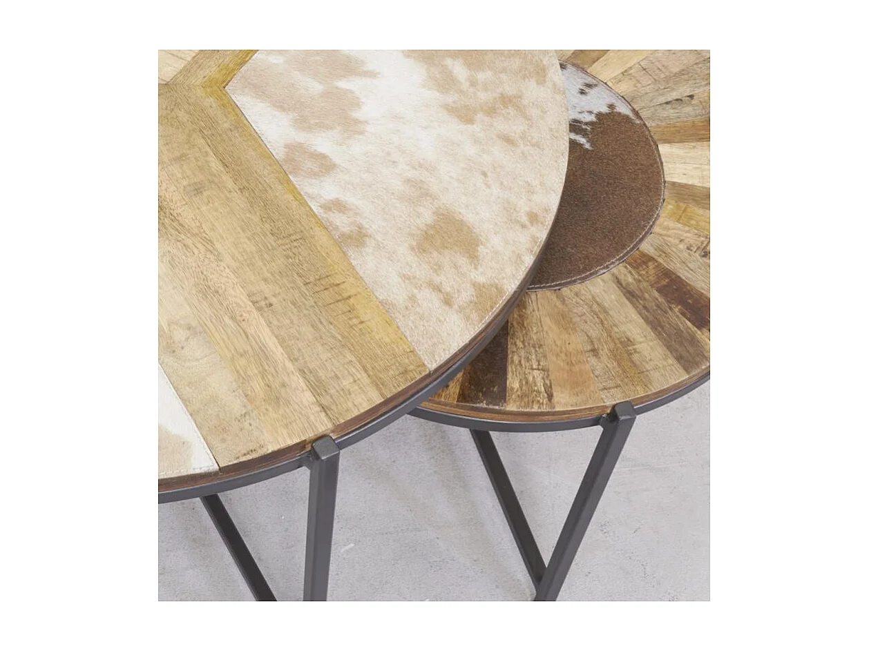 Tables rondes en bois, métal et peau de vache (lot de 2)