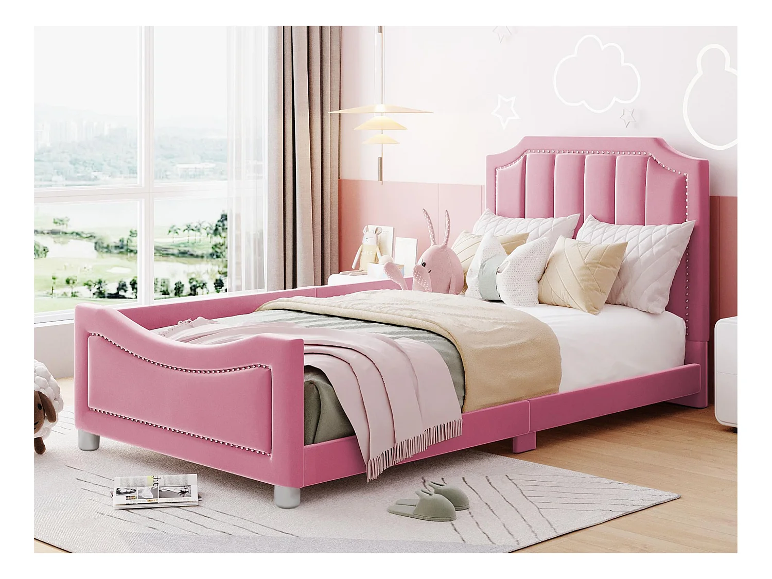 Lit simple 90x200cm pour enfant - lit canapé en velours - Rose