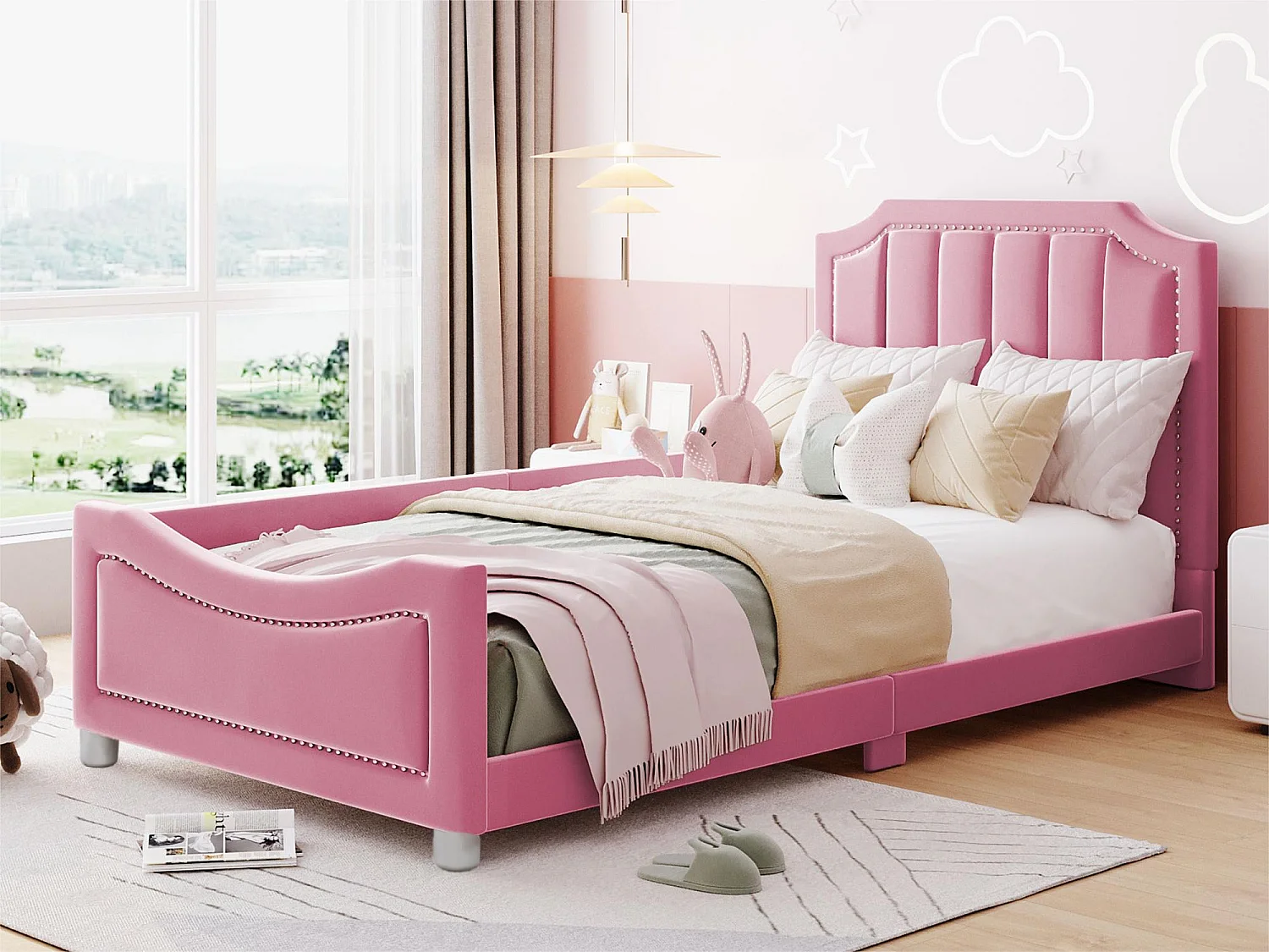 Beleuchtetes einfaches 90x200cm für Kinder – beleuchtetes Canapé aus Velours – Rose