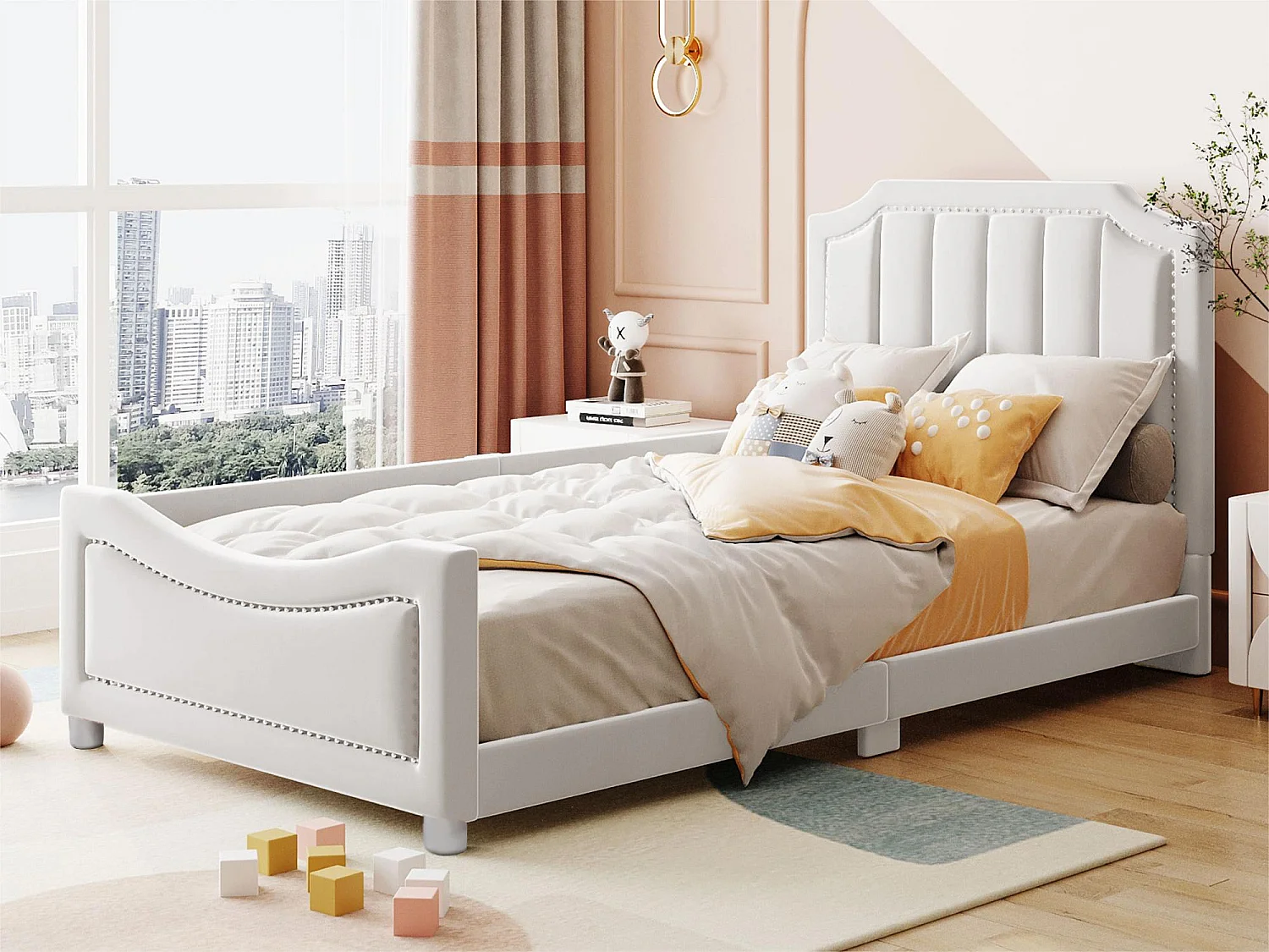 Lit simple 90x200cm pour enfant - lit canapé en velours - Beige