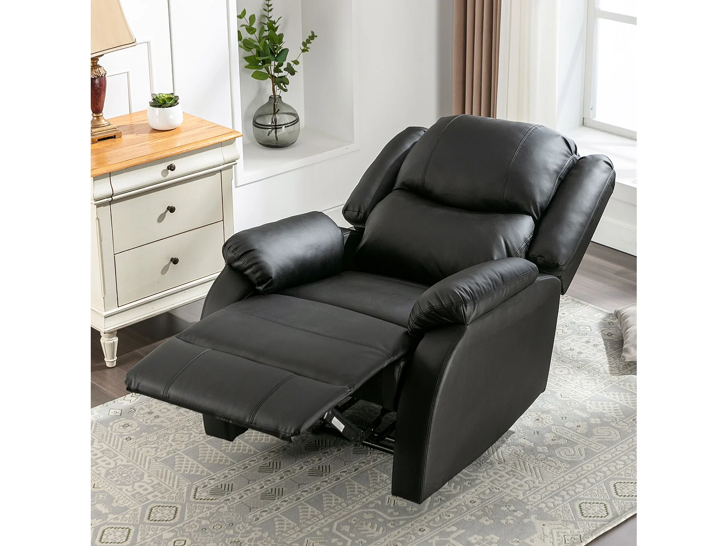 Fauteuil relax inclinable manuelle en similicuir avec une poche latérale - Noir