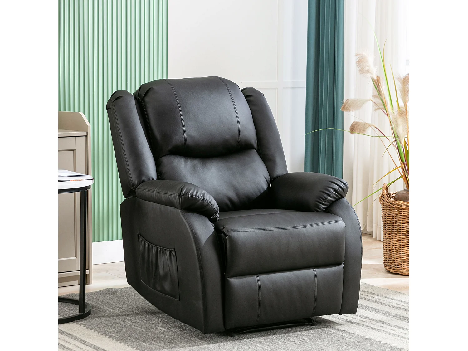 Fauteuil relax inclinable manuelle en similicuir avec une poche latérale - Noir