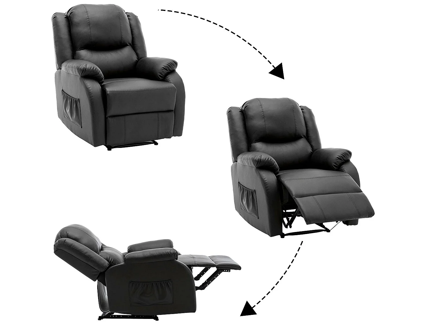 Fauteuil relax inclinable manuelle en similicuir avec une poche latérale - Noir