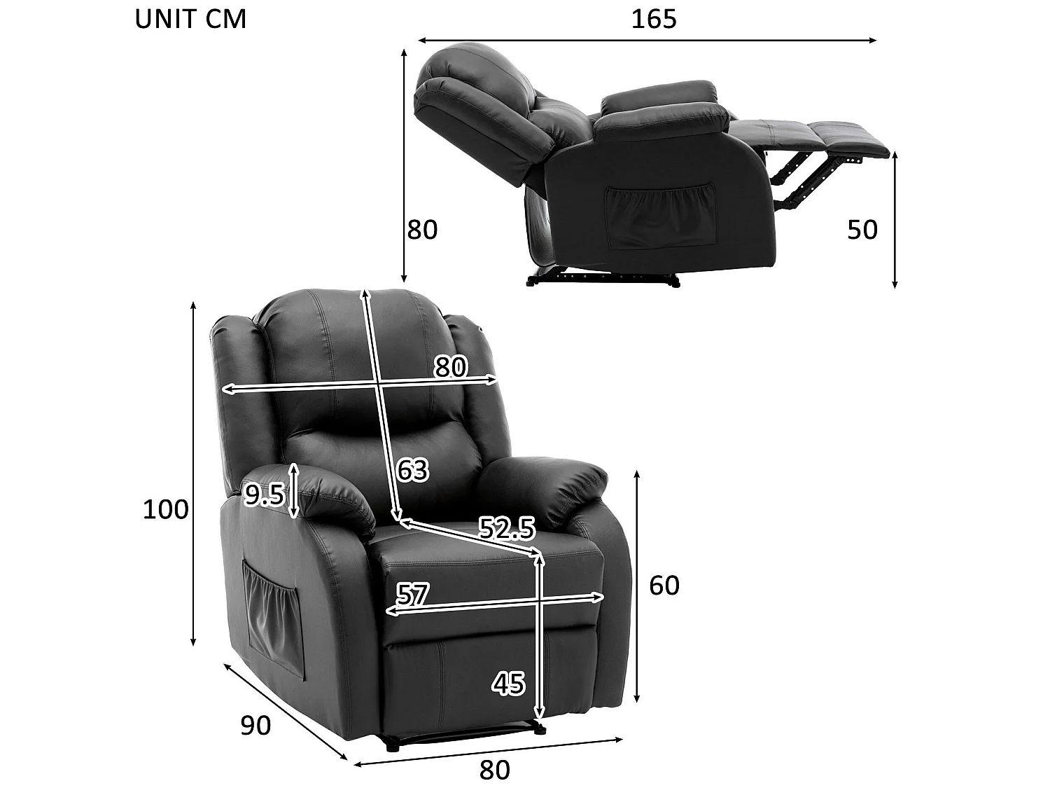 Fauteuil relax inclinable manuelle en similicuir avec une poche latérale - Noir