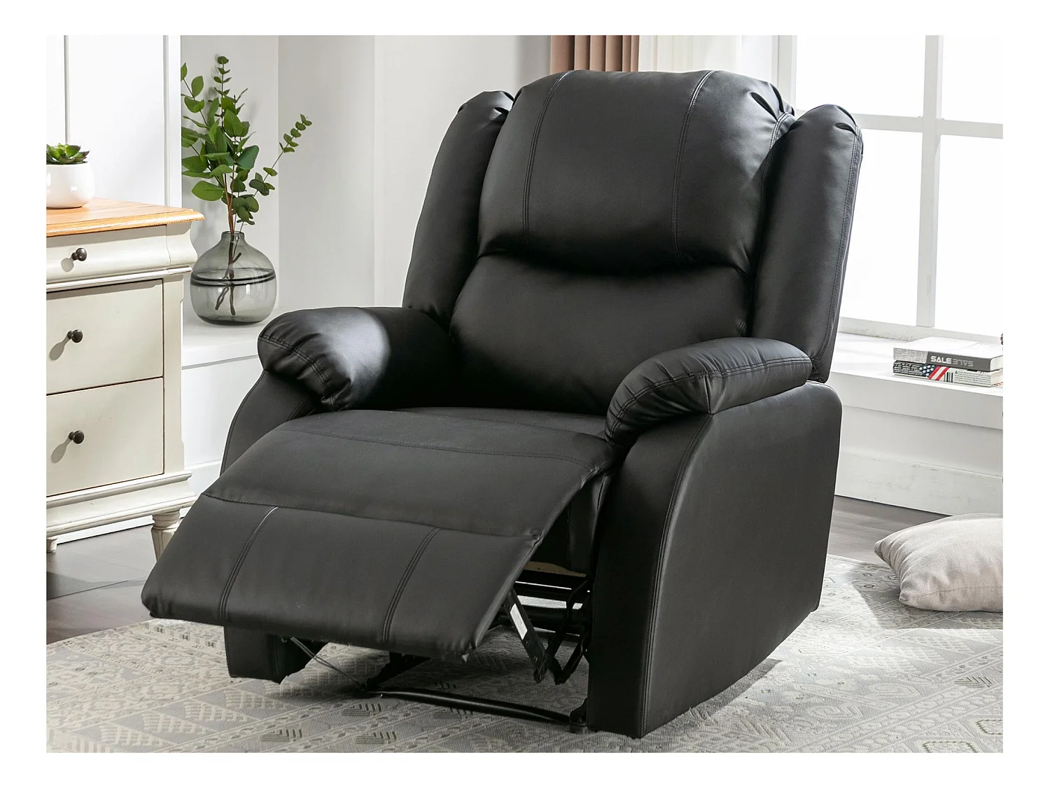 Fauteuil relax inclinable manuelle en similicuir avec une poche latérale - Noir