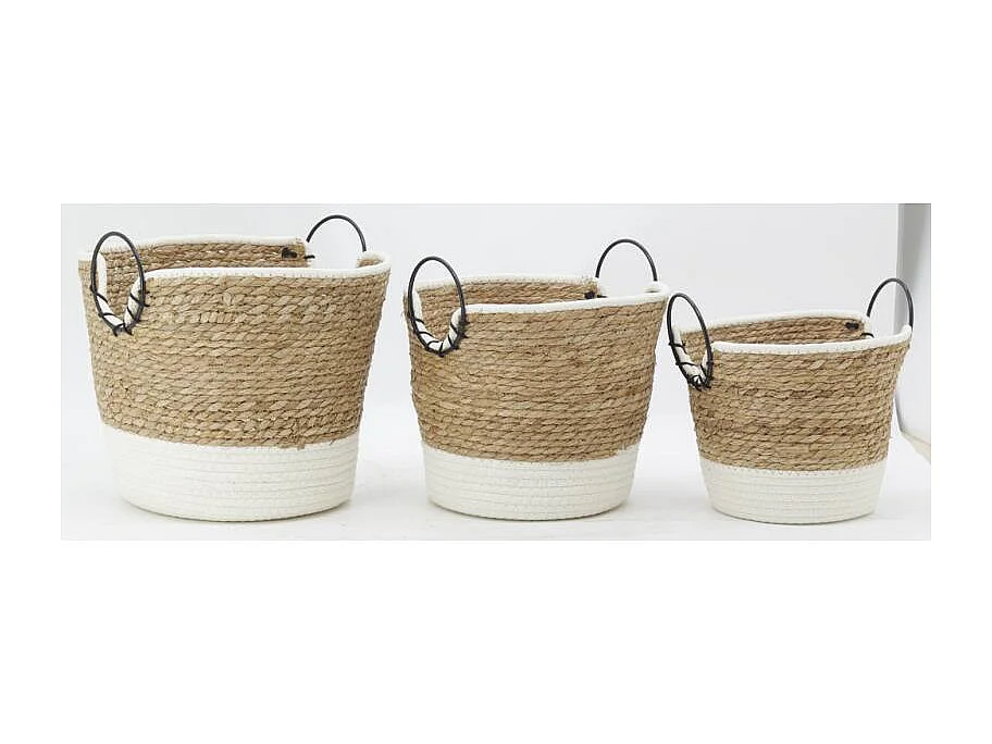 Corbeilles en jonc, coton et métal (lot de 3)