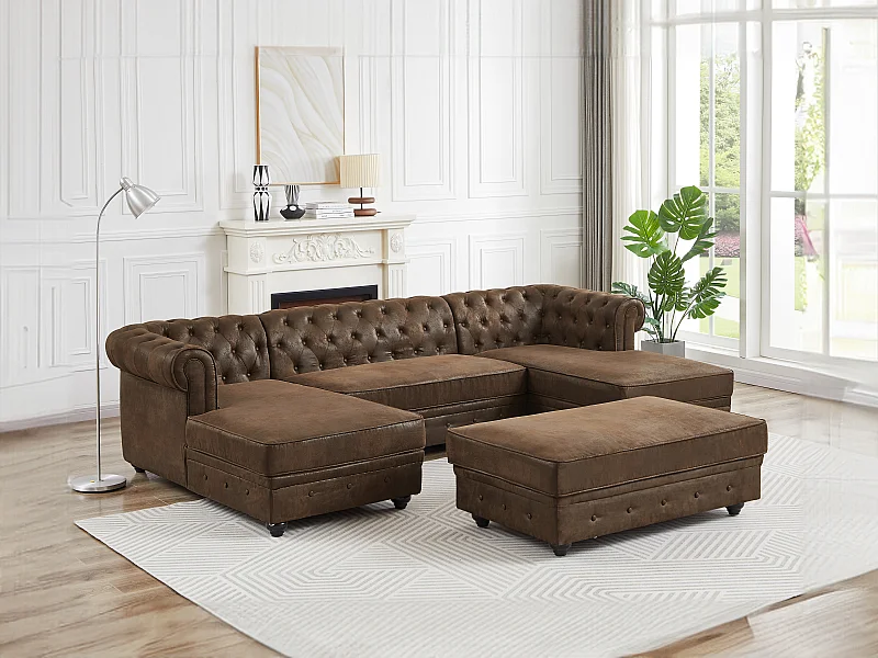 Canapé d'angle panoramique et pouf en microfibre aspect cuir vieilli CHESTERFIELD