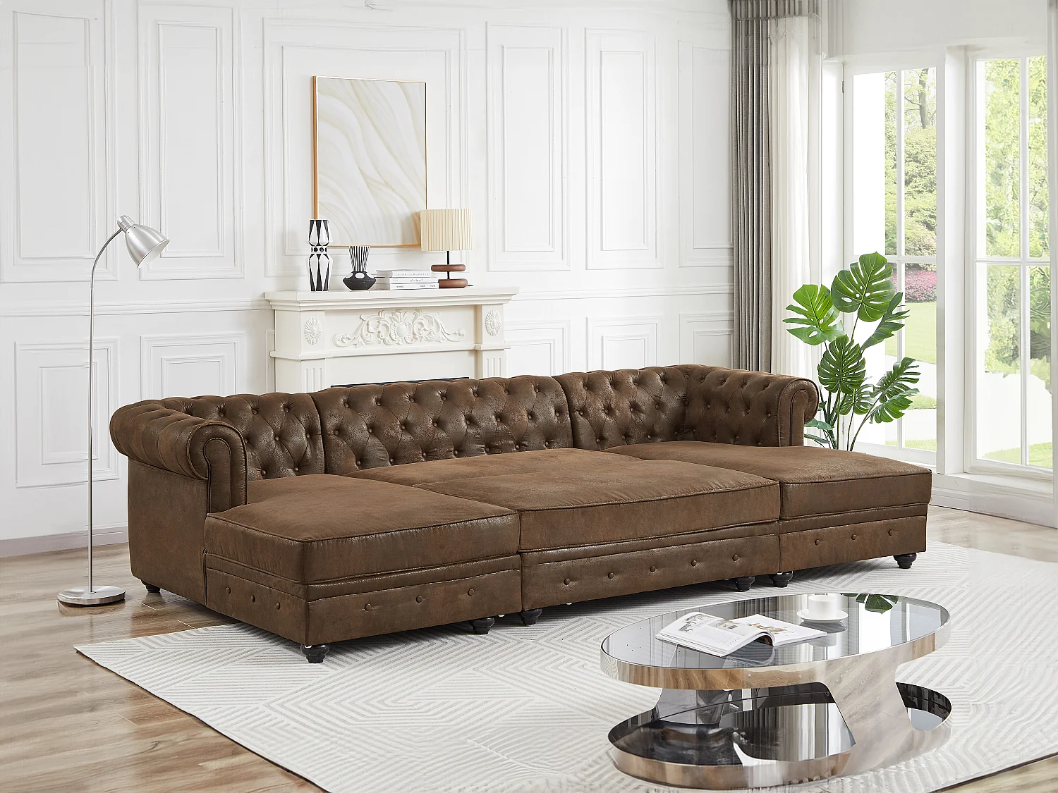 Brede hoekbank en poef van microvezel met verouderd leereffect CHESTERFIELD