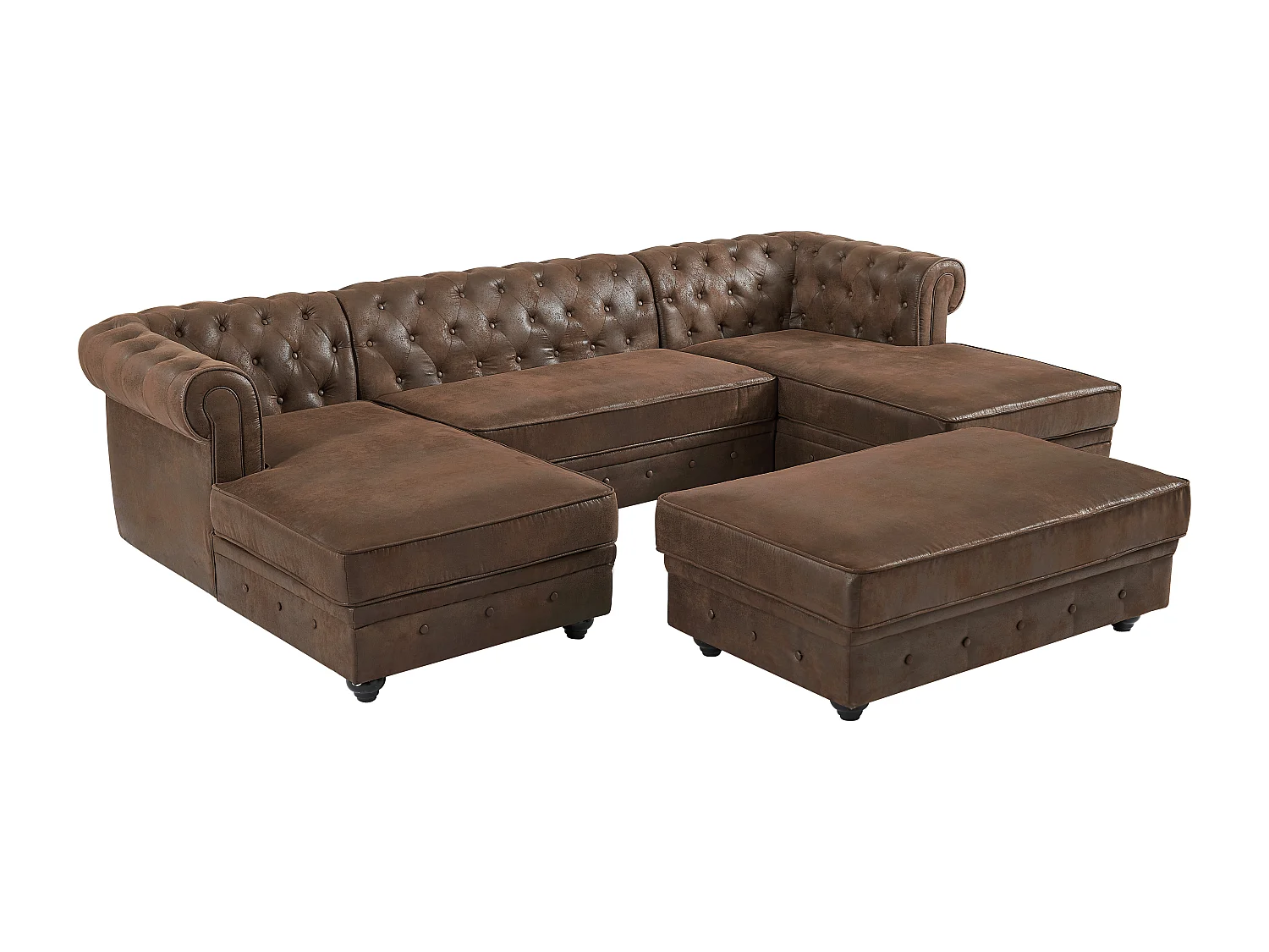 Brede hoekbank en poef van microvezel met verouderd leereffect CHESTERFIELD