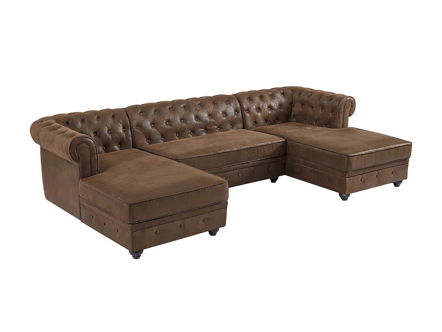 Brede hoekbank en poef van microvezel met verouderd leereffect CHESTERFIELD