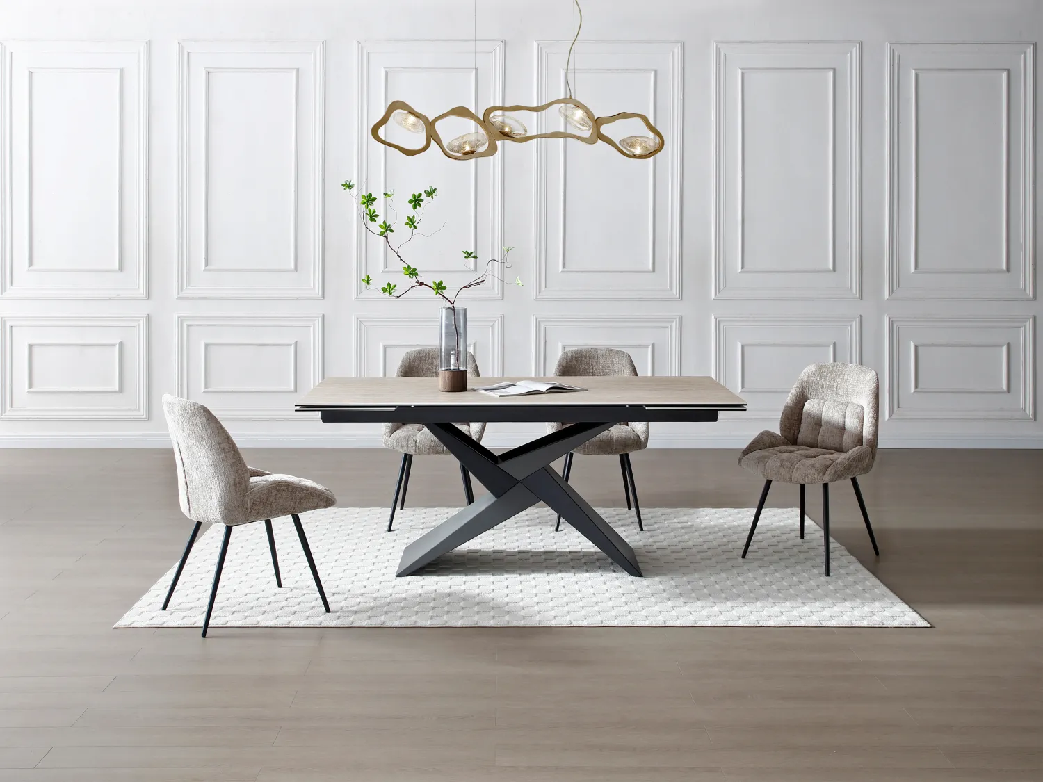 Table à manger extensible 6 à 10 personnes en céramique, verre et métal - Effet travertin beige et Noir - LIONIZA de Maison Céphy