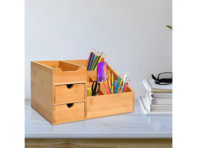 Boite de rangement de bureau - organiseur de bureau - 7 compartiments, 2 tiroirs - bambou verni