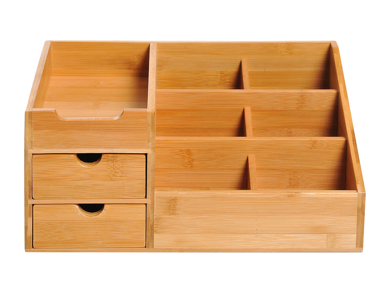 Boite de rangement de bureau - organiseur de bureau - 7 compartiments, 2 tiroirs - bambou verni