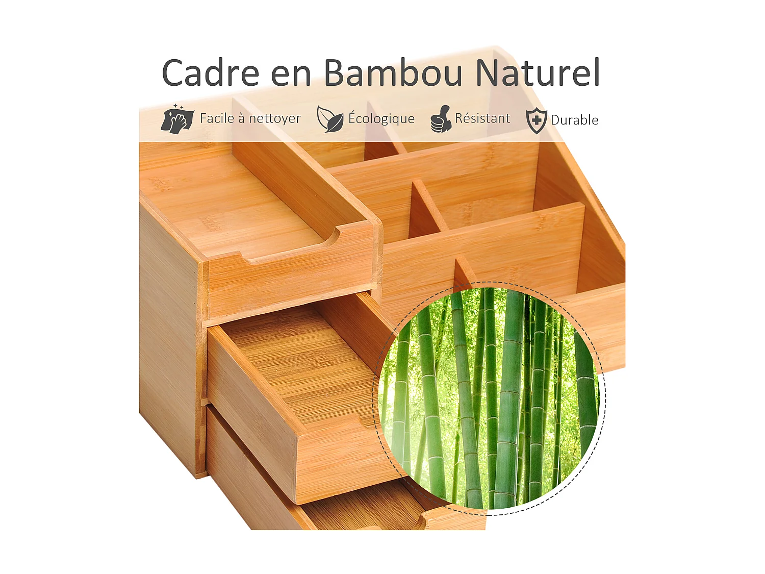 Boite de rangement de bureau - organiseur de bureau - 7 compartiments, 2 tiroirs - bambou verni