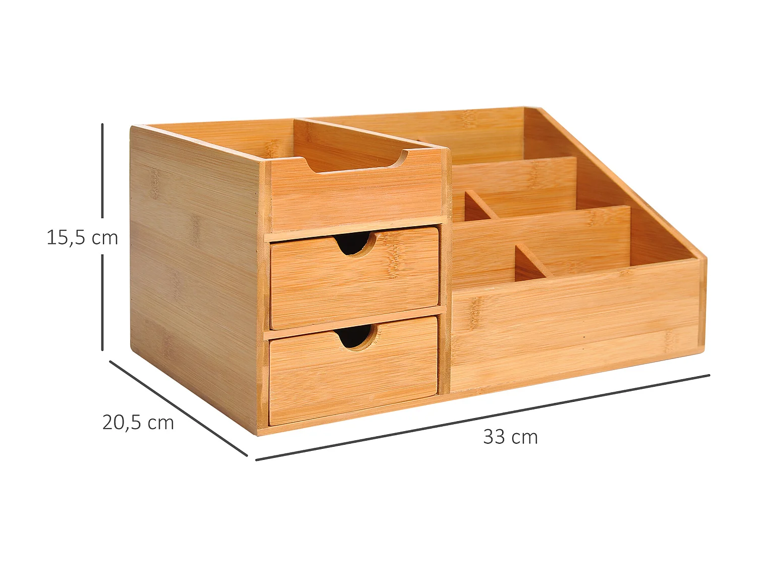 Boite de rangement de bureau - organiseur de bureau - 7 compartiments, 2 tiroirs - bambou verni