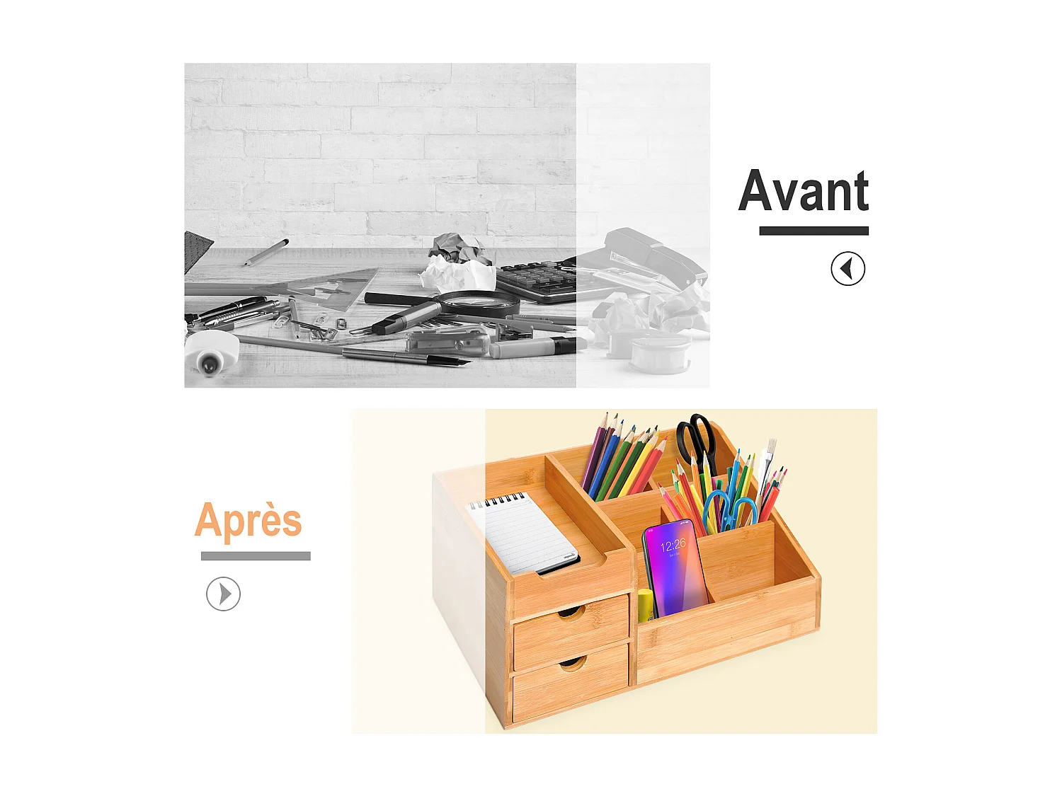 Boite de rangement de bureau - organiseur de bureau - 7 compartiments, 2 tiroirs - bambou verni