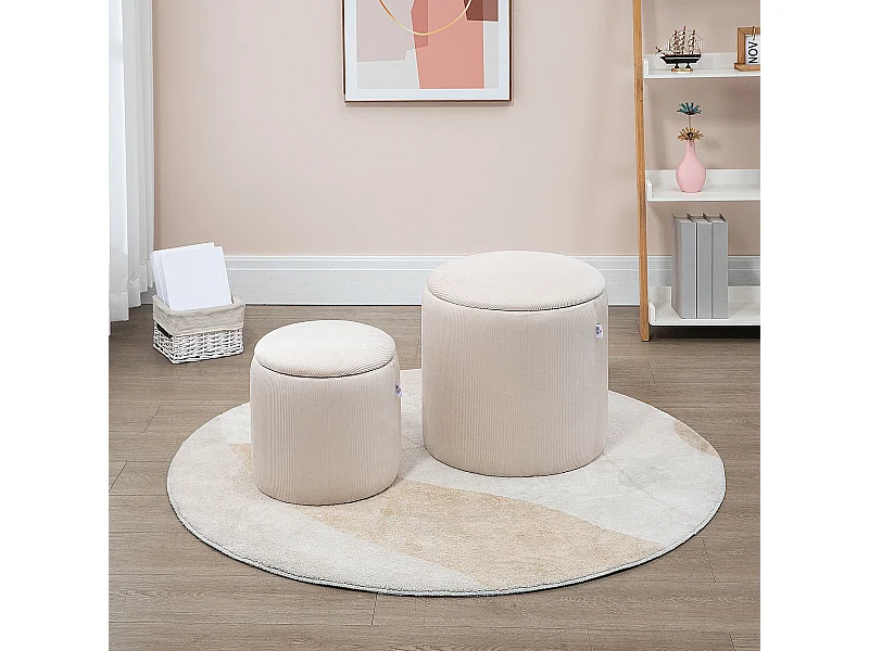 Lot de 2 poufs velours cotelé - poufs coffres 2 en 1 - poufs emboitables - Ø 40 et 30 cm - tissu crème