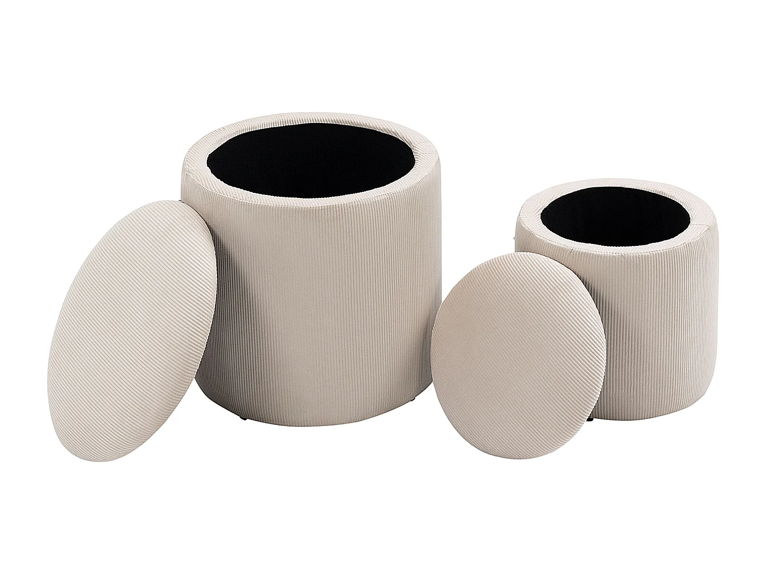 Lot de 2 poufs velours cotelé - poufs coffres 2 en 1 - poufs emboitables - Ø 40 et 30 cm - tissu crème