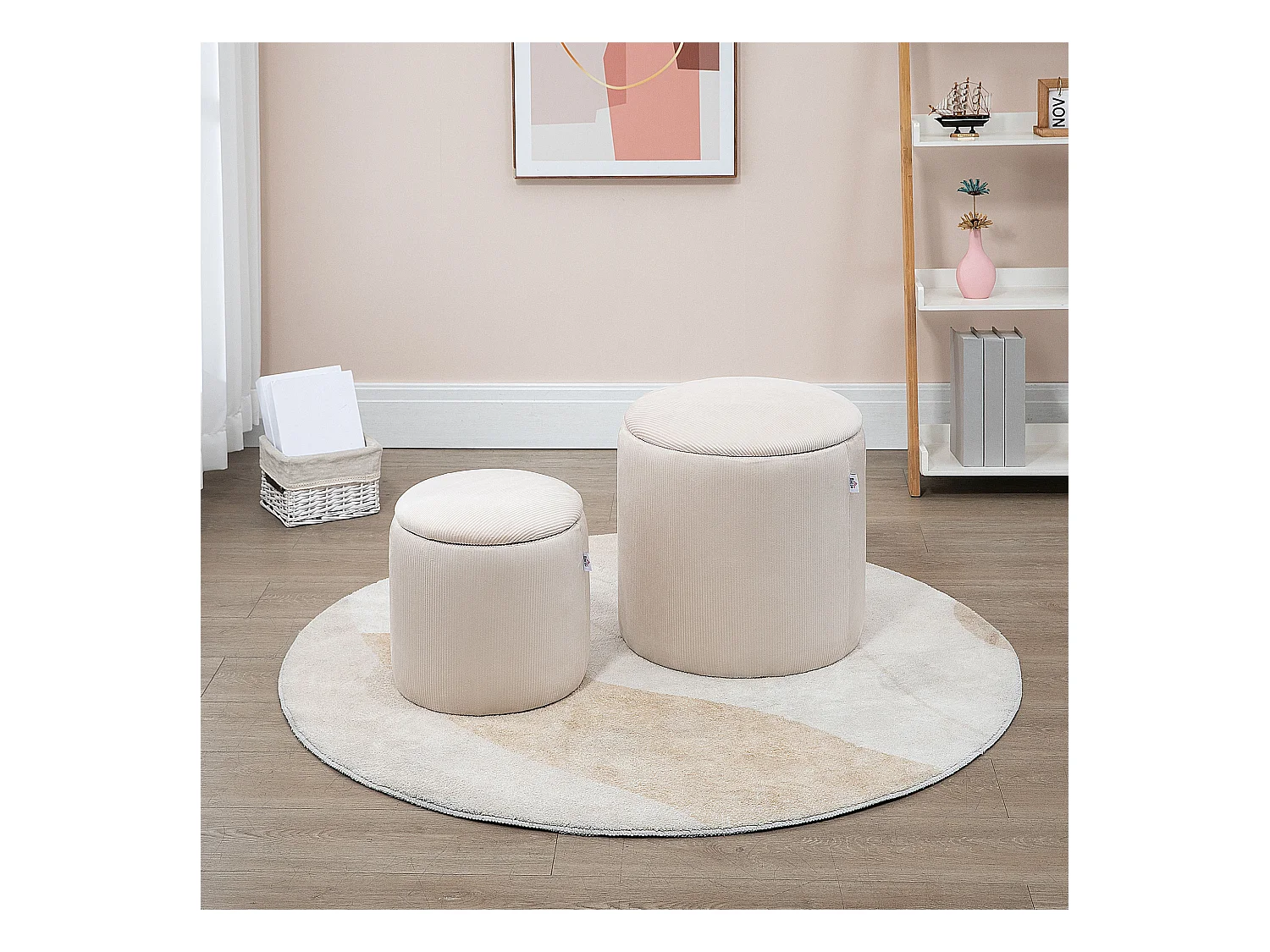 Lot de 2 poufs velours cotelé - poufs coffres 2 en 1 - poufs emboitables - Ø 40 et 30 cm - tissu crème