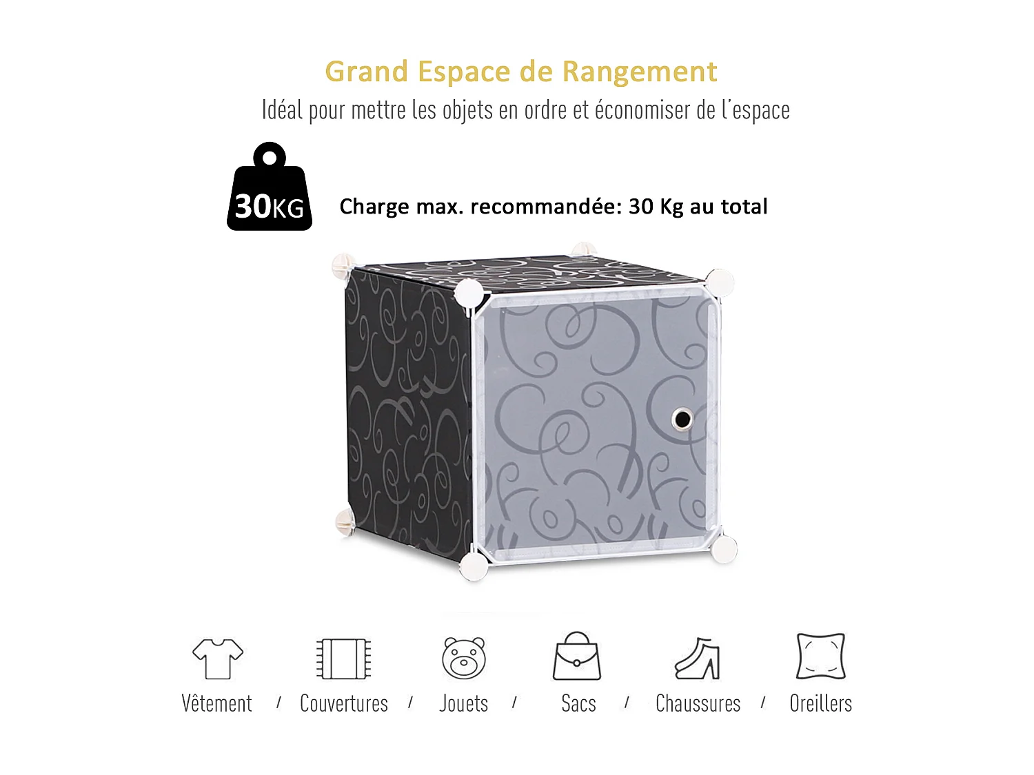 Garde robe armoire à vêtements L 111 x l 47 x H 145 cm modulable 12 cubes noir et blanc