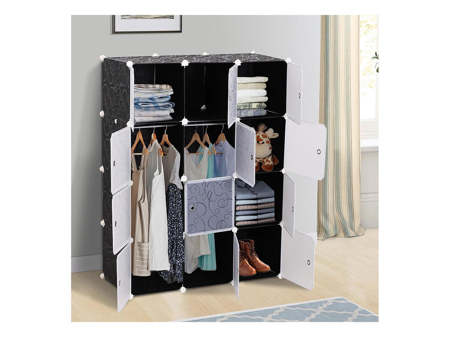 Garde robe armoire à vêtements L 111 x l 47 x H 145 cm modulable 12 cubes noir et blanc