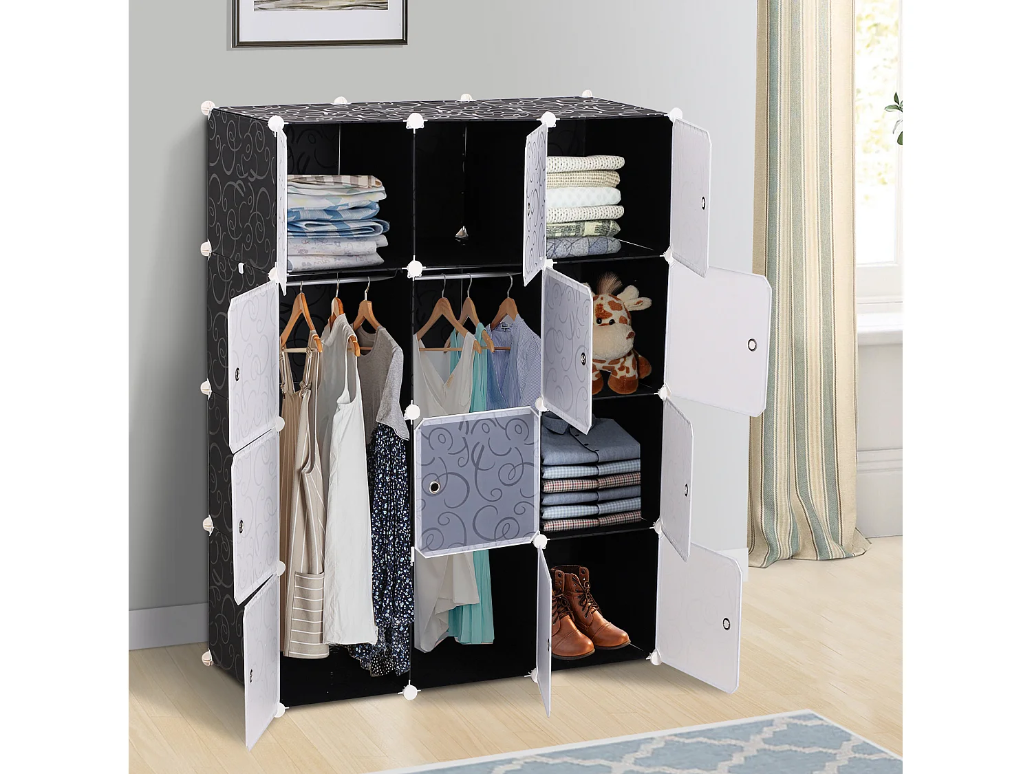 Garde robe armoire à vêtements L 111 x l 47 x H 145 cm modulable 12 cubes noir et blanc